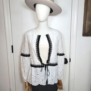 ZARA Boho Eyelet Cotton Blouse with Fringe & Tassel Tie Size Large Festival Top